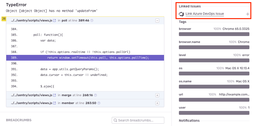 Link Azure DevOps work item to Sentry issue